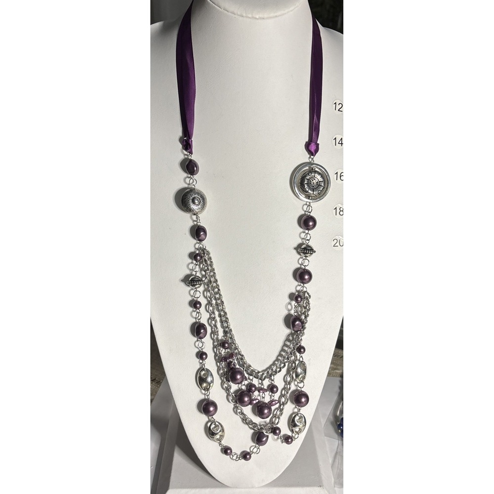 Purple Beaded Multi Strand Statement Necklace Silver Tone Satin Ribbon Boho
